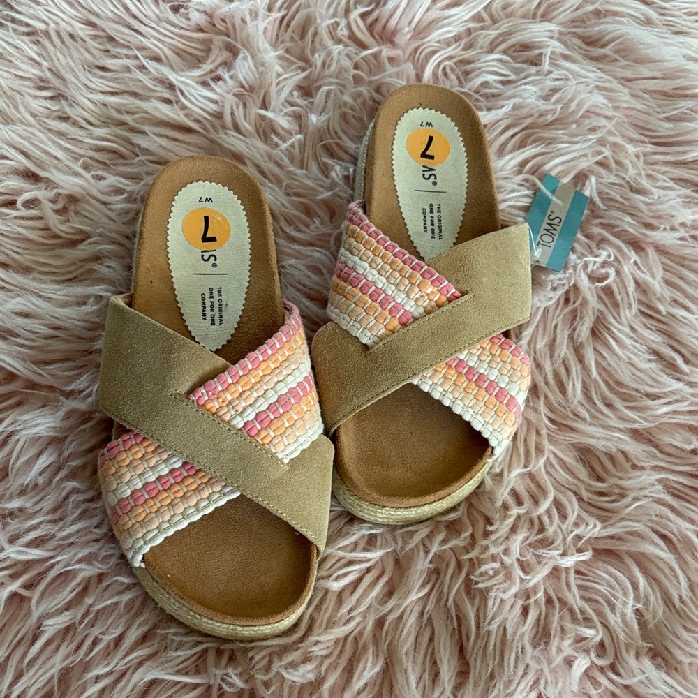 NWT TOMS Crossband Slide Sandals Paloma Honey Suede Woven Trim